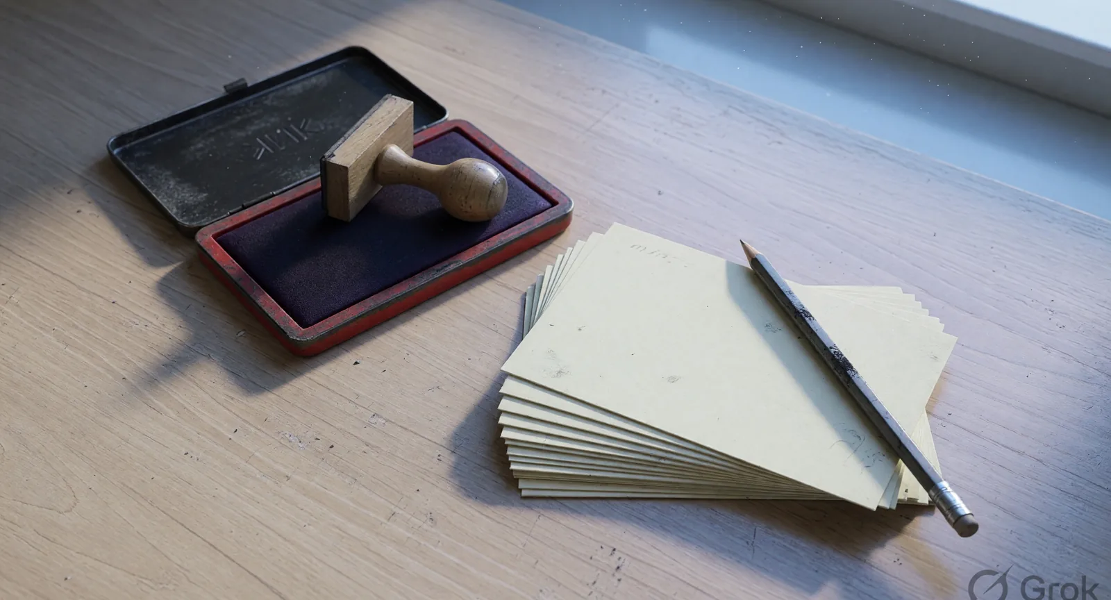 A dated notes desk with a stamp pad, blank cream cards and a graphite pencil