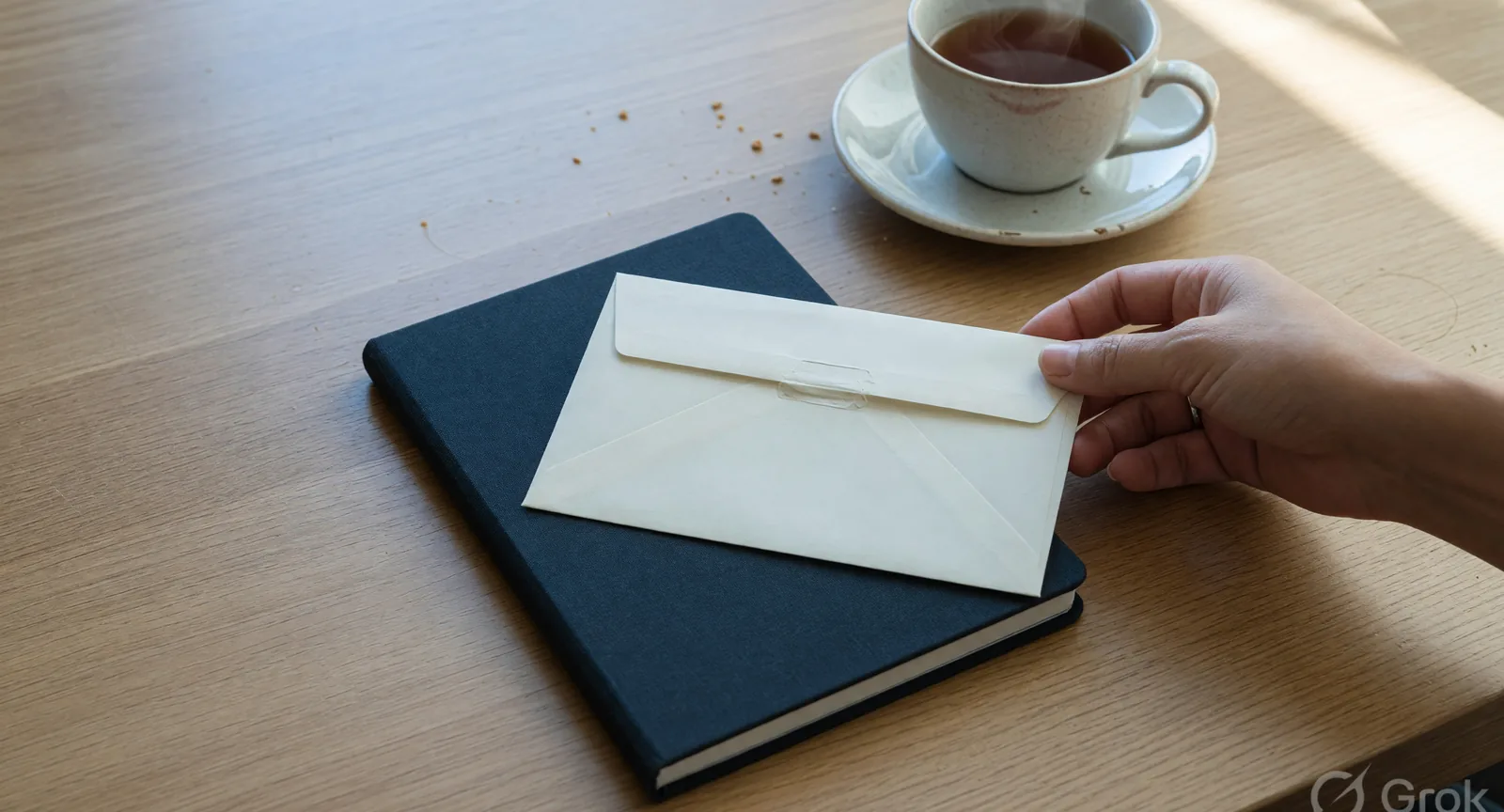 A sealed unmarked envelope on a closed notebook, a hand withdrawing