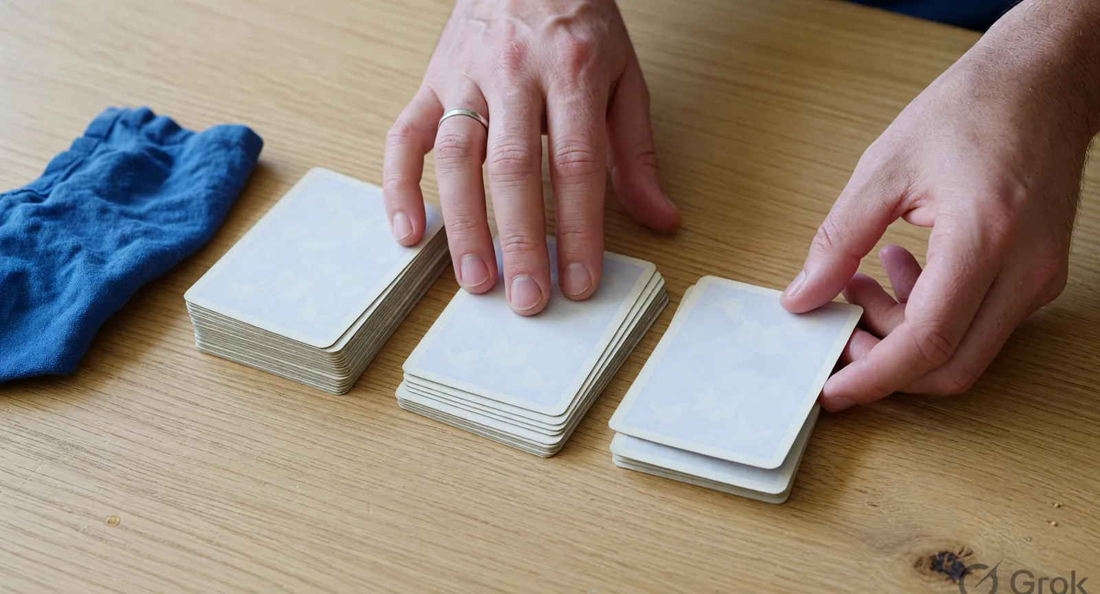 Two hands grouping a rummy hand into three facedown packets