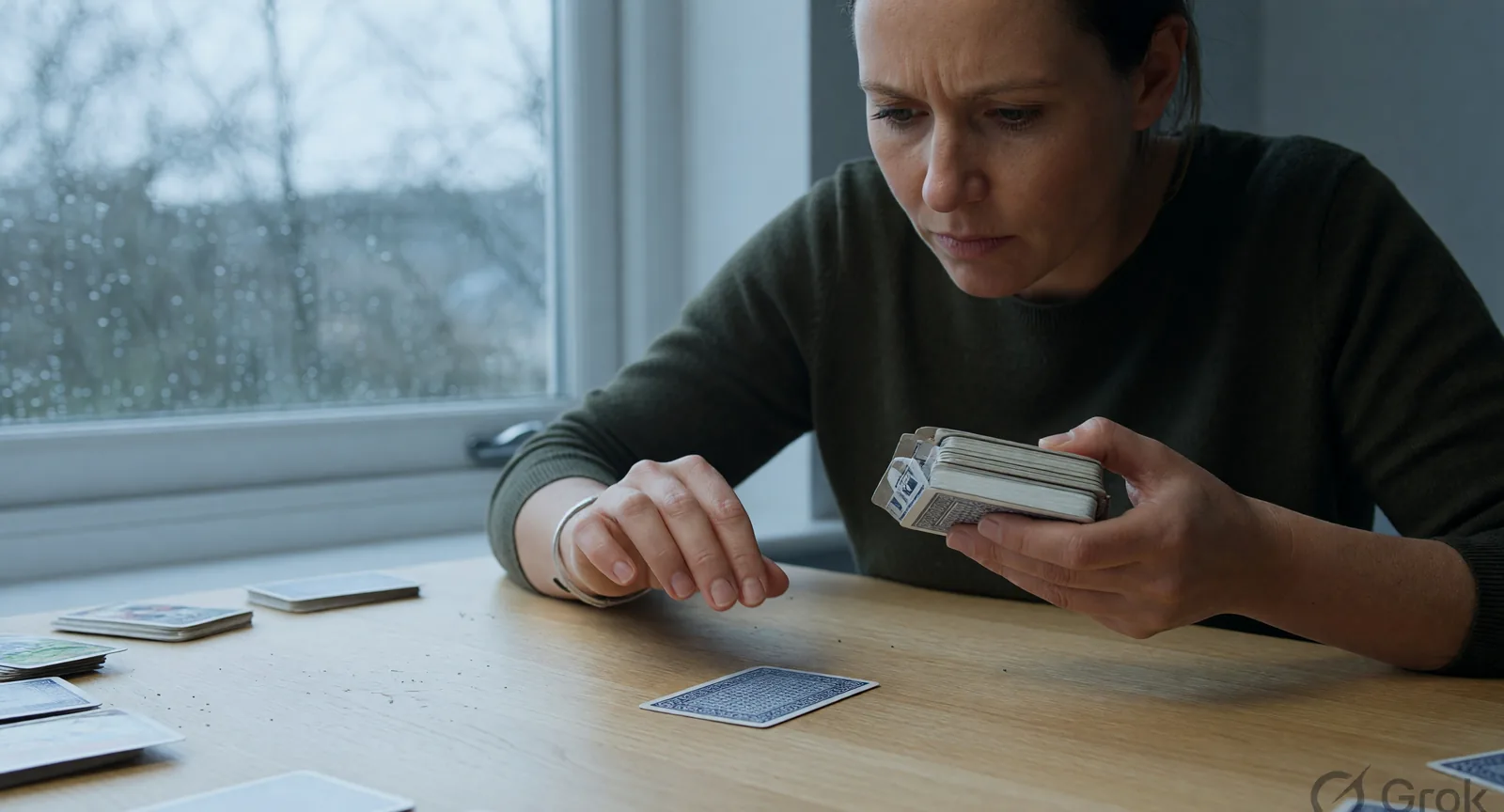 An adult paused with a facedown rummy packet, looking at one isolated facedown card