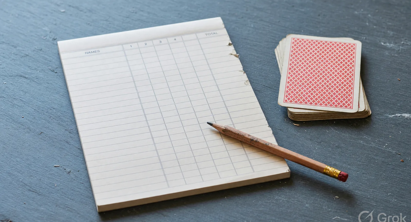 A ruled score pad and pencil on a slate desk