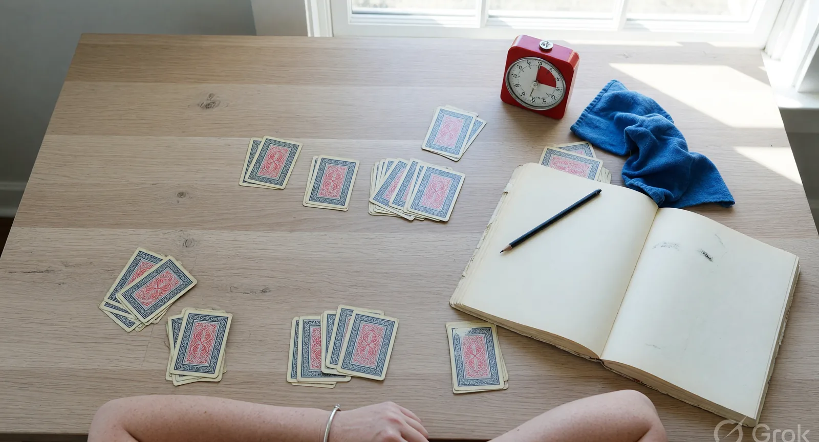 A pale oak rummy command desk with facedown cards, timer and blank ledger