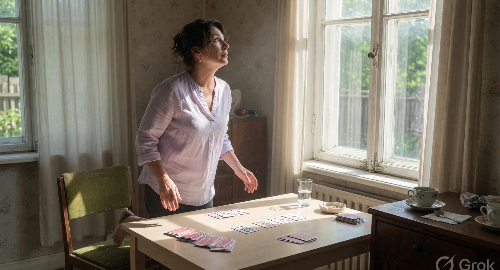 An adult standing up from a rummy table, chair pushed back, looking toward a window