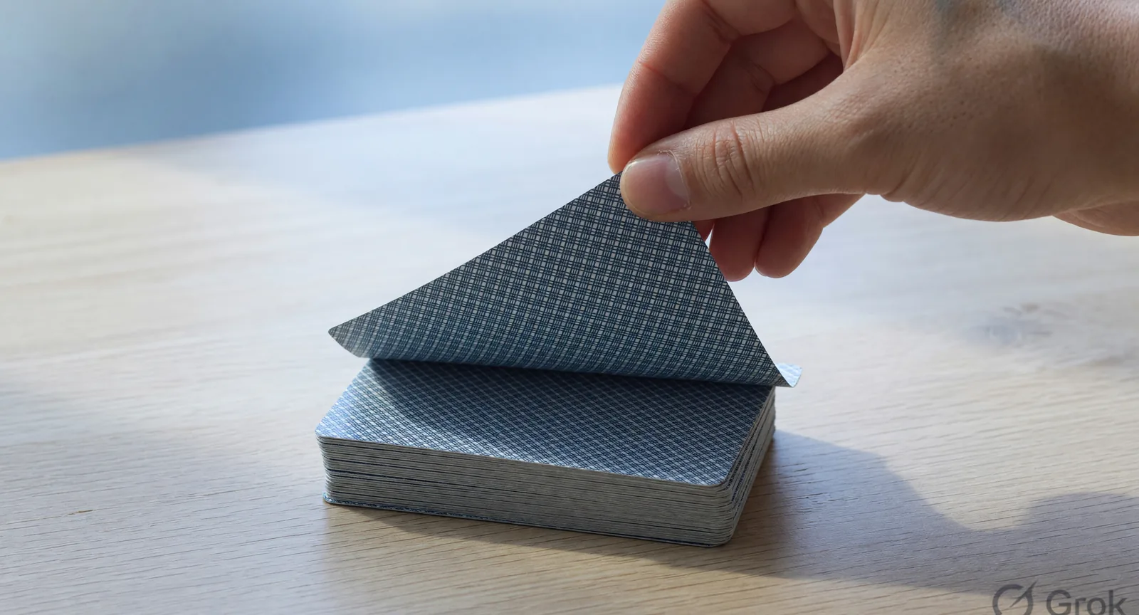 A right hand lifting the top facedown card from a closed stock pile