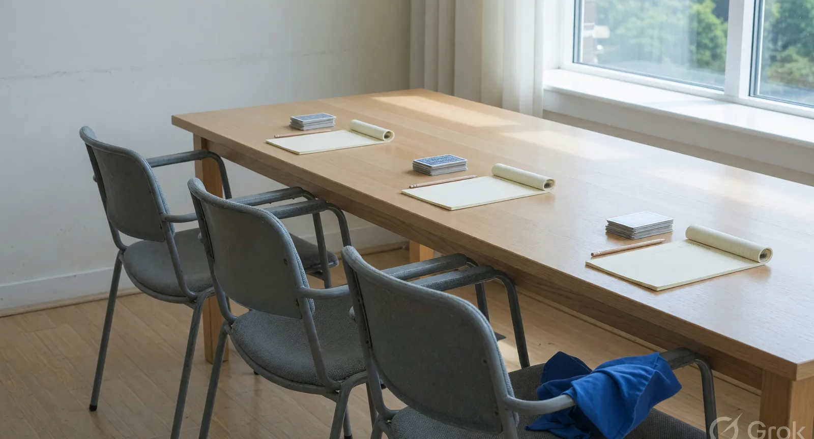 Three empty rummy seats along one pale oak table, each with a facedown packet