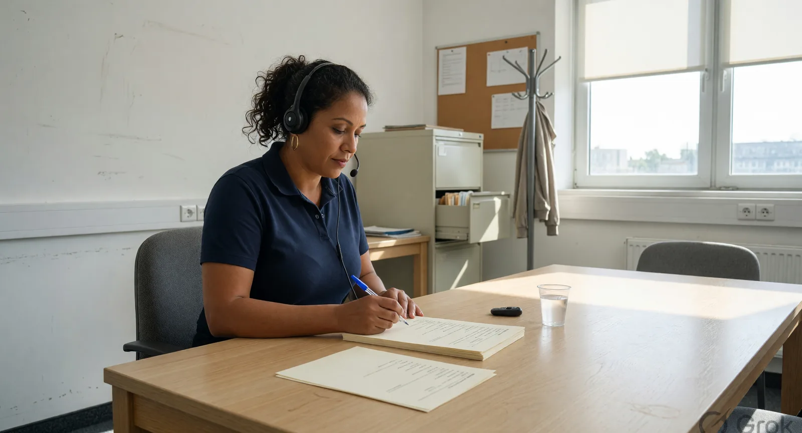 An adult reviewer at a pale oak table holding a blank cream checklist beside a headset